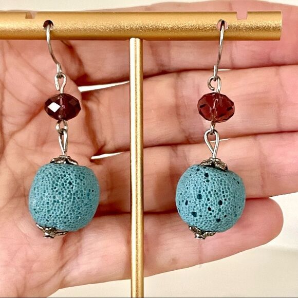 Blue lava rock and purple stone fish hook earrings - Picture 4 of 9